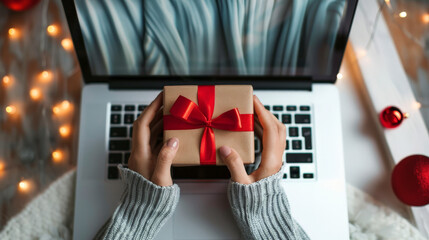 person using a laptop with a small giftbox