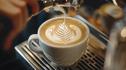 Professional barista pouring steamed milk into coffee cup making beautiful latte art Rosetta pattern