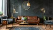 © Lasvu - Minimal interior design with brown leather couch, retro armchair, and gold accents, actual photo