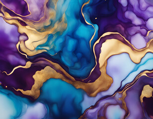 Wall Mural - Alcohol ink abstract background. Blue, purple and gold liquid texture background