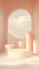 Wall Mural - Minimalist pastel scene with arched doorway revealing cloudy sky, geometric podiums in foreground create dreamy, surreal aesthetic for product display.