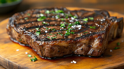 A tenderloin steak cut to reveal a juicy and marbled tenderloin, garnished with fresh rosemary and coarse salt. The charred edges add a delicious texture. Served with a wooden board underneath.