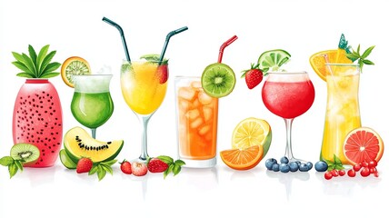 Summer element collection set including fruits and drinks on white banner background, vector design