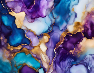 Wall Mural - Alcohol ink abstract background. Blue, purple and gold liquid texture background