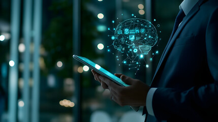Poster - ai artificial intelligence high-tech futuristic technology business professional holding tablet holo