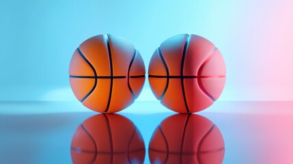 Two basketballs are reflected in a blue background