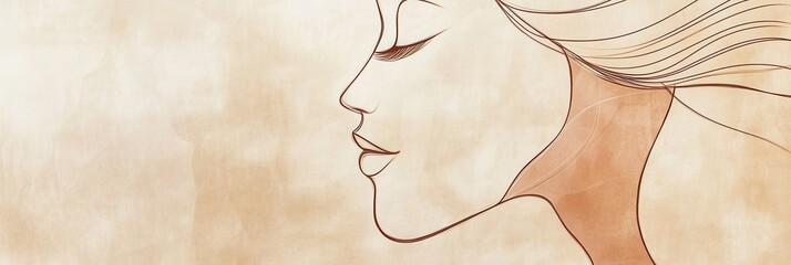 Aufkleber - A graceful minimalist silhouette captures a woman's facial profile with fluid lines, evoking tranquility and beauty in a serene context. Generative AI