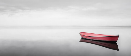 A small pink boat is floating on a dark blue body of water