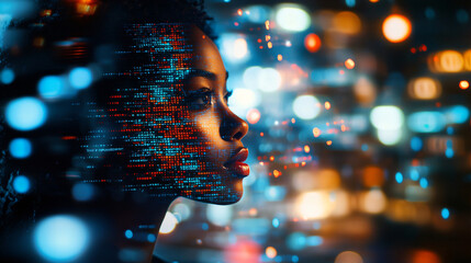 Leinwandbilder - Urban bokeh background frames a woman with program code overlaid on her face as she gazes into the distance
