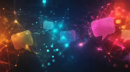Aufkleber - Global communication concept: colorful speech bubbles connected by plexus lines on dark digital background