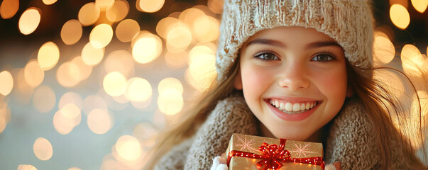 A smiling woman holds a beautifully wrapped gift surrounded by festive lights in a winter setting during the holiday season