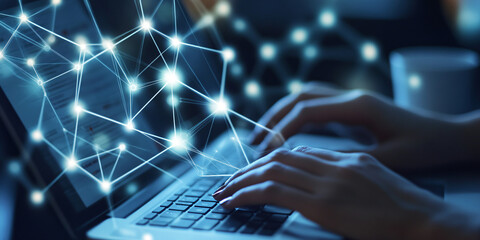 Aufkleber - Woman entrepreneur typing on laptop keyboard late at night with network connection graphic