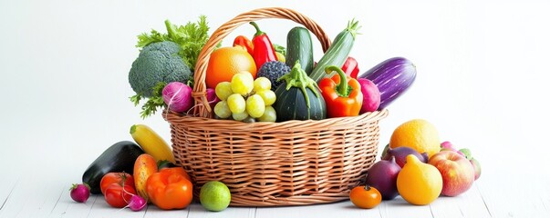 A basket filled with colorful organic fruits and vegetables, symbolizing abundance, Realistic, Bright colors, Photorealistic