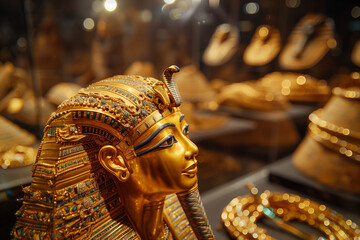 Wall Mural - An ancient Egyptian sculpture or mask face in a museum exhibition. Face of Pharaoh Tutankhamun in a glass display with many other valuable and precious golden objects.