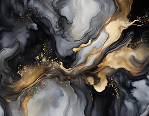 Wall Mural - Luxury abstract fluid art painting in alcohol ink technique, mixture of gray, black gold paints background