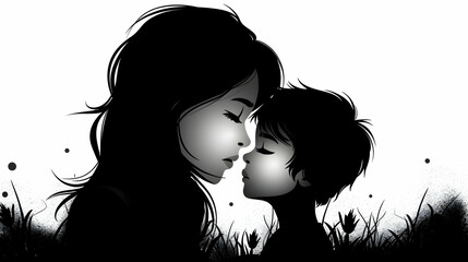 Canvas Print - Mom And Son Mother And Son Black Silhouette.