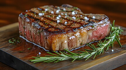 A tenderloin steak cut to reveal a juicy and marbled tenderloin, garnished with fresh rosemary and coarse salt. The charred edges add a delicious texture. Served with a wooden board underneath.