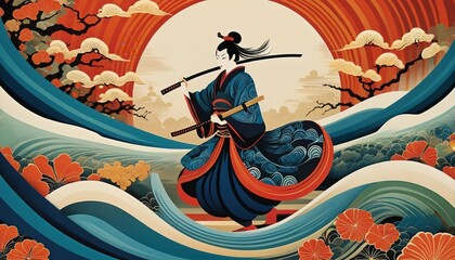 Lone Samurai Warrior In a solitary, abstract background painting.