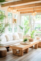 Poster - Minimalist Living Room with Natural Light and Wooden Beams.