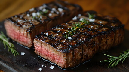 A tenderloin steak cut to reveal a juicy and marbled tenderloin, garnished with fresh rosemary and coarse salt. The charred edges add a delicious texture. Served with a wooden board underneath.