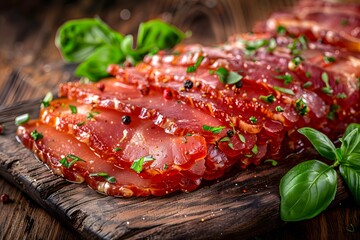 Wall Mural - Sliced cured meat garnished with fresh herbs on a wooden board.