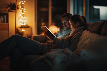 Cozy evening at home: couple relaxing on couch with a tablet