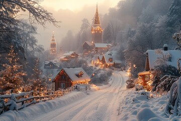 Wall Mural - winter snow travel landscape christmas night village cold white nature architecture tourism