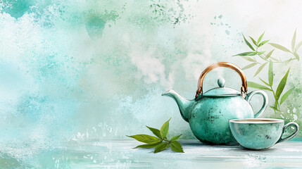 Teal Teapot and Cup with Watercolor Background