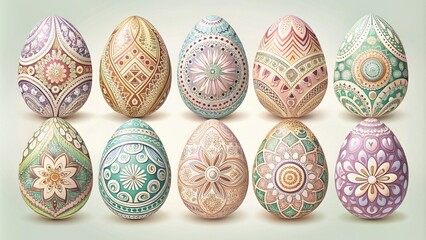 Vector Easter egg designs with intricate patterns and ornate details in pastel colors