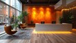 © tunanon - A sleek, minimalist office reception with warm, inviting colors and stylish design.