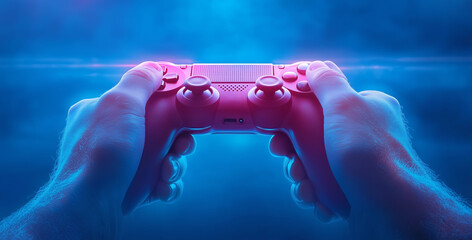 Hands gripping a pink gaming controller with blue lighting