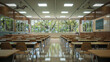 © Maxim - A spacious, modern classroom with rows of wooden desks and chairs, large windows allowing natural light, and a whiteboard at the front, creating a serene and organized learning environment
