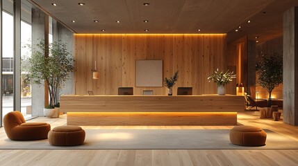 An open space with a minimalist enquiry desk, highlighted by warm wood and soft lighting.