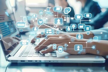 Wall Mural - Close-up of a woman's hand typing on a laptop with digital icons overlay.