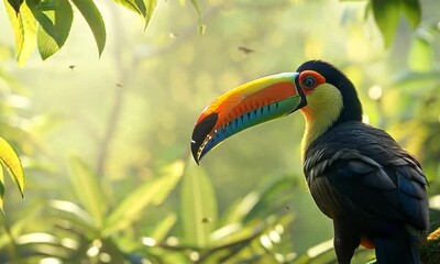 Sticker - Lush rainforest canopy with a colorful toucan perched on a branch, Video