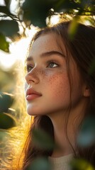 Wall Mural - Teen girl with freckles looking up through leaves at sunset