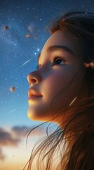 Poster - Young girl gazing at shooting stars in a twilight sky