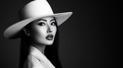 Elegant asian woman posing wearing white hat and jacket