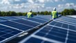 © NewMaii - Two workers inspect a large solar panel array on a rooftop.  The sky is blue with white clouds.  The image highlights the importance of renewable energy.