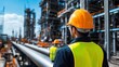 © NewMaii - A construction worker in a hard hat and safety vest stands in front of a large industrial complex.