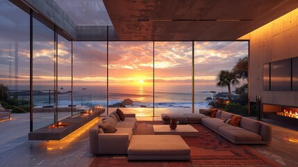 seaside luxury penthouse living room with a sunset view