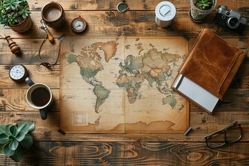 A map of the world is on a wooden table with a cup of coffee and a book