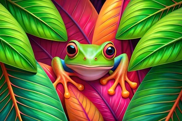 Vibrant illustration of a tropical rainforest animal hiding behind a leaf in a bright coral pink hue