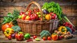 © Sandra - Vibrant colorful fruits and vegetables piled high in a vintage style wicker basket on a wooden table with a mix of warm and cool tones