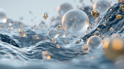 white spheres and gold balls floating in water with waves on a blur background