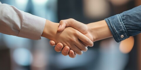 Two people firmly shaking hands, representing mutual agreement, cooperation, and partnership in a professional setting.