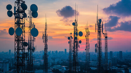 Aufkleber - Several telecommunication towers stand tall against a striking sunset, showcasing the essential role of technology in urban landscapes