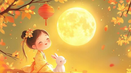 Mid-Autumn Festival poster,cute little girl in hanfu sitting on ground,white rabbit ,yellow moon.