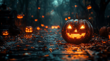 Wall Mural - A glowing jack-o'-lantern sits on a cobblestone path in a dark forest.