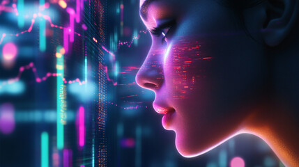Poster - Digital wall projects a woman's face, with big data analysis hinting at artificial intelligence and facial recognition concepts